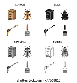 Beehive on an apiary, an insect of a bee, a dipper for honey, a scraper. Apiary set collection icons in cartoon black monochrome outline style vector symbol stock illustration web.