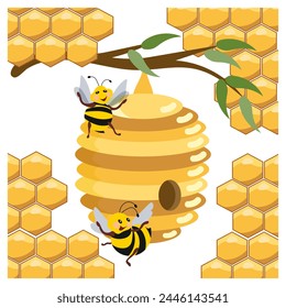 A beehive on a branch and funny bees on the background of honeycombs. Illustration, print, vector