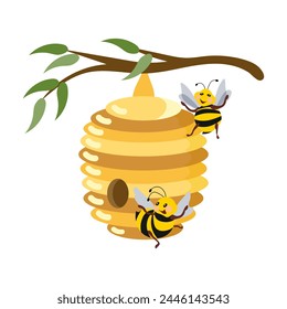 A beehive on a branch and funny bees on the background of honeycombs. Illustration, print, vector
