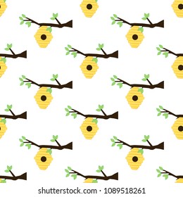 Beehive on a branch seamless pattern