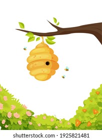 Beehive on branch with swirling bees illustration. Yellow cocoon covered with sweet honey surrounded by flowering trees and flying striped vector insects.