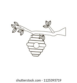 Beehive on a branch on the white background. Vector illustration