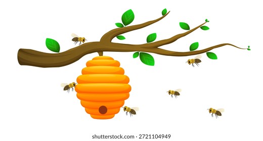 Bienenstock auf einem Ast mit umherfliegenden Bienen. Cartoon-Stil. Natur- und Ökologiekonzept, Honigproduktion, Teamarbeit und Nachhaltigkeit. Vektorgrafik einzeln auf weißem Hintergrund.
