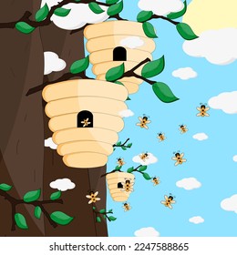 A beehive on a tree branch with green leaves against the background of the blue sky with clouds and sun. Daytime close up forest landscape. Beautiful cartoon art for children room.