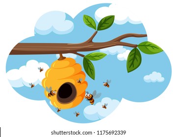A beehive on the tree branch illustration