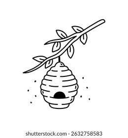 A beehive on a tree branch isolated on a white background. Vector hand-drawn illustration in doodle style. Perfect for decorations, logo, various designs.