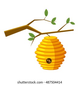 Beehive on tree icon in cartoon style isolated on white background. Bee house symbol vector illustration