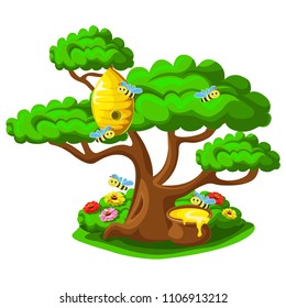 A beehive on a tree with merry bees and a pot of honey. Summer vector illustration.