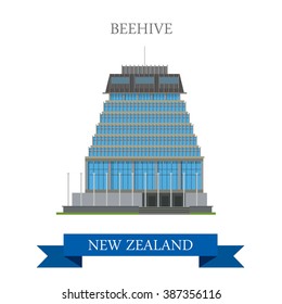 Beehive Parliament Building Wellington New Zealand. Flat cartoon style historic sight showplace attraction web site vector illustration. World countries cities vacation travel sightseeing collection