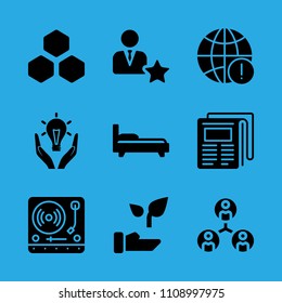 beehive, plant, turntable, collaboration, responsible energy use, manager, newspaper, worldwide and bed vector icon. Simple icons set