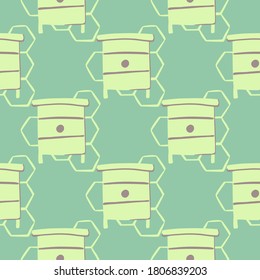 Beehive seamless pattern. Doodle hand drawn ornament in light green and turquoise tones. Background with contoured honeycombs. For wallpaper, textile, wrapping paper, fabric print. Vector illustration