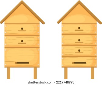 A beehive. A set of wooden beehives for honey bees. Bee houses made of wood in the form of houses. Vector illustration