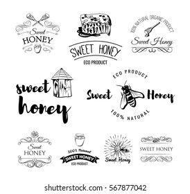 Beehive. Spoon of Honey. Flower. Honeycomb. A bee and a jar of Honey. Labels, logo and Badges Set. Vintage Illustration Vector Isolated Elements
