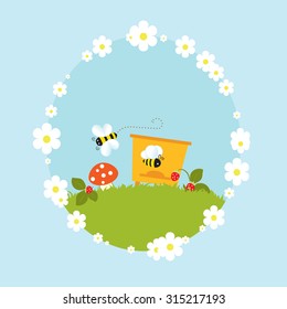 Beehive surrounded by bees