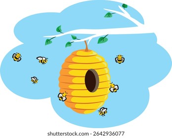 
Beehive Surrounded by Bees Vector Cartoon Illustration. Several insects gathered together flying in a group 
