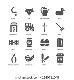 Beehive, Tractor, Sickle, Cow, Cereals, Eggs, Fertilizer, Cereal icon 16 set EPS 10 vector format. Icons optimized for both large and small resolutions.
