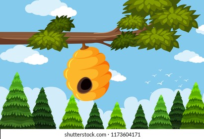 A beehive at tree branch illustration