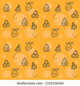 beehive, wasp seamless hand drawn pattern, bee keeping honeycomb linear background template, yellow fly insects icons repetitive vector illustration design, hexagon honey pots repeat doodle style.