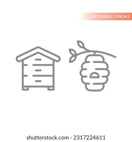 Beehive wild and cultivated line vector icon set. Honey bee hive on a tree outline icons.