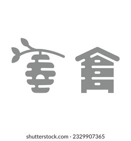 Beehive, wild and manmade vector icon set. Bee hive, hives filled icons.