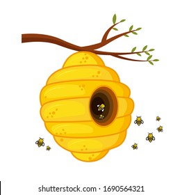 Beehive. Yellow bright beehive with bees. Wood. Bright vector illustration. Beekeeping.