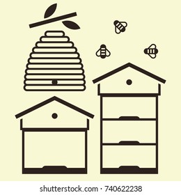 Beehives and bees. Beekeeping symbol