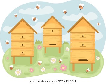 Beehives with bees in a clearing. Spring illustration depicting wooden beehives standing in a clearing and bees flying around them. Flower meadow with beehives. Vector