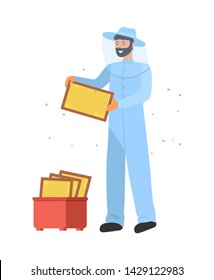 Beehives with bees honey vector, beekeeper with organic production of sweet food, male wearing suit with protective mask, isolated farmer apiarist. Tools for honey apiary