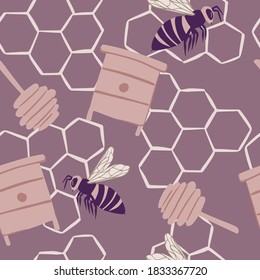 Bienenstöcke. Bienen und Honigwaben sind ein einfaches, nahtloses Doodle-Muster. Pastellfarbene violette Kunstwerke. Honig Hintergrund. Ideal für Stoffdesign, Stoffdruck, Umhüllung, Abdeckung. Vektorgrafik.