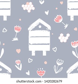 Beehives and meadow herbs. Vector seamless background with cartoon flowers, hearts, beehives, and honey combs Doodle style cartoon floral illustration.