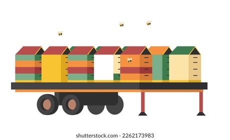 beehives transportation on wheels, isolated containers with bees flying. Production of organic sweet ingredients, natural honey. Apiculture and beekeeping farming and hobby. Vector in flat style