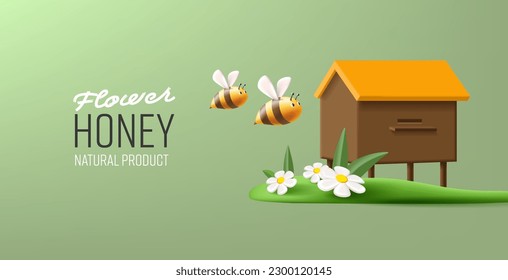 Casa beeihive con abejas volando y césped con flores banner de ilustración vectorial 3d