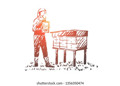 Beekeeper, agriculture, farm, bee, apiary concept. Hand drawn beekeeper working at apiary concept sketch. Isolated vector illustration.