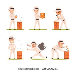 Beekeeper or Apiarist with Beehive and Brood Frame Honey Harvesting Vector Set