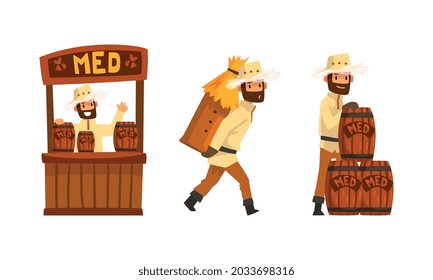 Beekeeper or Apiarist Carrying Beehive and Selling Honey Vector Set