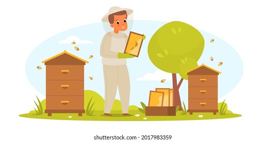 Beekeeper apiarist. Farmer man in protective clothing collects honey in apiary, hives with bees, healthy sweets, special equipment. Organic bio food vector flat cartoon isolated concept