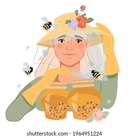 Beekeeper or apiarist  female character with jar of honey, flat vector illustration isolated on white background. Beekeeping and honey extracting. 