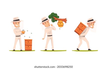 Beekeeper or Apiarist Keeping Honey Bees in Beehive Vector Set