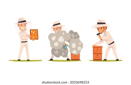 Beekeeper or Apiarist Keeping Honey Bees in Beehive Vector Set