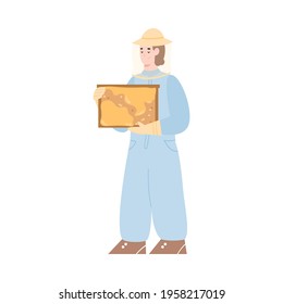 Beekeeper or apiarist male cartoon character in protective wear standing with hive comb full of honey in hands, flat vector illustration isolated on white background.