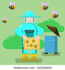 Beekeeper at the apiary cares for the bees