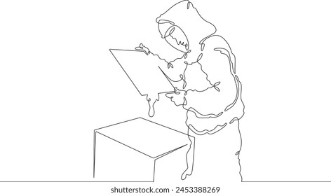 Beekeeper at the apiary. The beekeeper extracts honey. A man in a protective suit takes out a honeycomb. One continuous line . Line art. Minimal single line.White background. One line drawing. 
