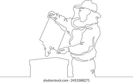 Beekeeper at the apiary. The beekeeper extracts honey. A man in a protective suit takes out a honeycomb. One continuous line . Line art. Minimal single line.White background. One line drawing. 