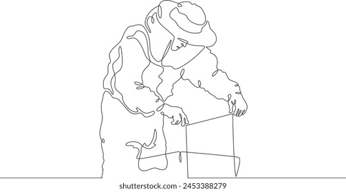 Beekeeper at the apiary. The beekeeper extracts honey. A man in a protective suit takes out a honeycomb. One continuous line . Line art. Minimal single line.White background. One line drawing. 