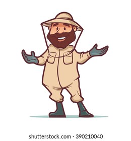 beekeeper, apiary, food production, man beekeer special costume, cartoon character, vector illustration