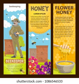 Beekeeper at apiary or honey beekeeping farm banners. Vector flat design Man in protective clothes holding honeycomb or honey jar at beehive, honey splash drops on wooden dipper spoon