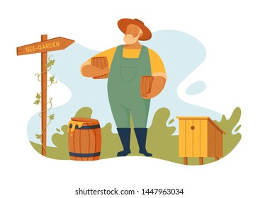 Beekeeper at the apiary keeps honey in barrels. Cartoon Flat Vector Illustration