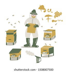 Beekeeper at the apiary keeps honeycombs. Cartoon flat vector illustration. Hand drawn set. 