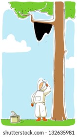 beekeeper and bee swarm on the tree. Color sketch illustration