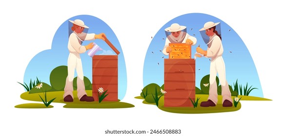 Beekeeper with beehive boxes. Apiarist in uniform collecting honey. Farmer smoking bees. Hive keeper. Apiary farm. Garden flowers pollen. Flying insect. Countryside landscape. Vector apiculture set